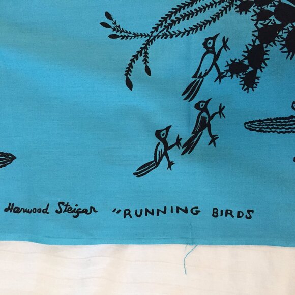 Vintage MCM Harwood Steiger Roadrunner Fabric "Running Birds" 44”W x 90” L - Picture 2 of 8